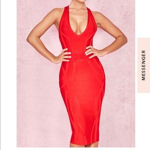 Red deep V plunge bandage dress
